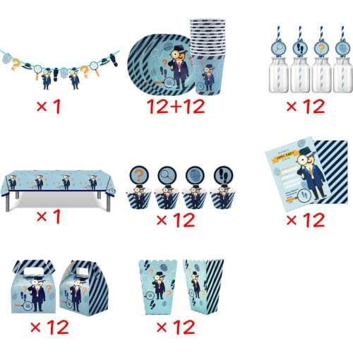 98pcs For 12 Kids Boys Detective Secret Agent Spy Birthday Party Supplies Tableware Set Plate Glass Straw Banner Tablecloth Etc