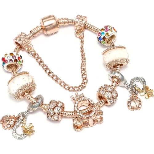 New Rose Gold Crown Carriage Horseshoe Lucky Ladybug Charm Bracelet Bangle Original Shiny Crystal Beads Bracelets For Women Girl