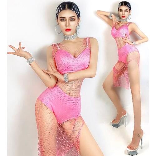 New Style Gogo Dance Performance Costume DJ Lead Dancer Stage Clothing Sexy Rhinestone Mesh Dress Bikini Rave Outfit YS2293