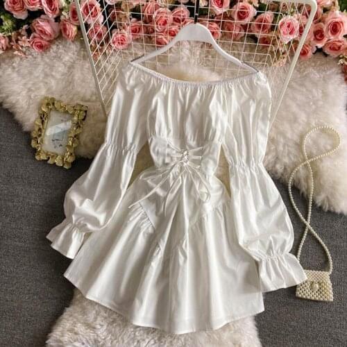 Early Autumn Dress 2021 Retro Gothic Women White Black Bandage Mini Dress Sexy Off Shoulder Puff Sleeve Korean Vestidos