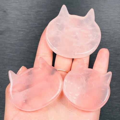 Natural Mozambican Pink Crystal Carving Cute Cat Head Home Decoration Healing Gem