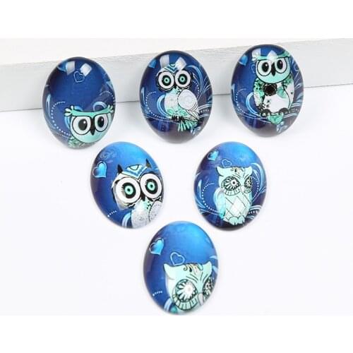 Reidgaller 20pcs mix blue night owl photo oval glass cabochon 18x25mm diy jewelry cameo findings for pendant necklace making