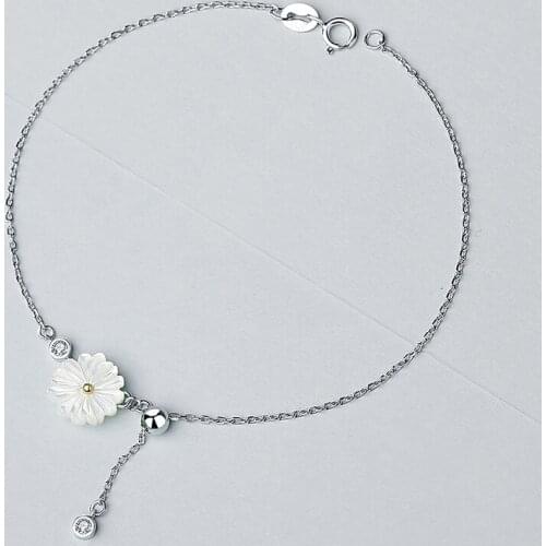 Ruifan Flower Natural Shell Cubic Zirconia 925 Sterling Silver Bracelets for Women Female Silm Summer Bracelet Jewelry YBR182