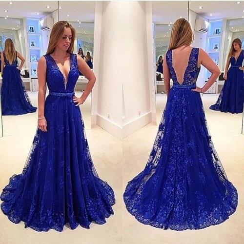 Sexy Lace Prom Dresses Deep V-Neck Lace Beaded Formal Dresses Sleeveless A-line Backless Evening Party Dress Custom Made