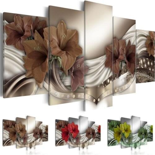 Modern Painting Canvas 5 Panels Lily Wall Pictures Abstract Flower Equisite Diamond Background Living Room Home Decor Poster