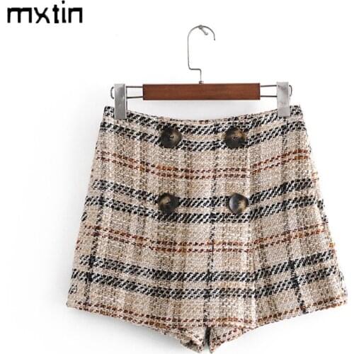 2021 Women Vintage With Double Buttons Plaid Tweed Shorts Skirts Fashion Spring High Waist Side Zipper Office Lady Female Skort