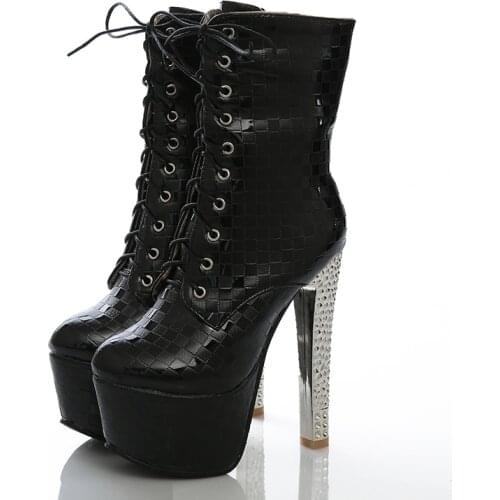 ADBOOV 15 CM High Heel Women Boots Lace Up Leather Platform Ankle Booties Ladies