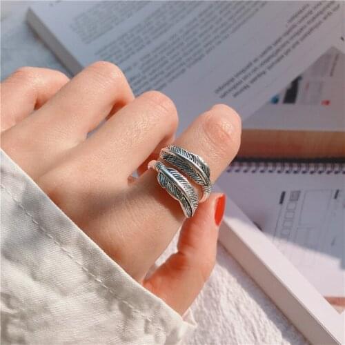 Feather Leaves Silver Color Womens Ring With Retro Personality Double Layer Adjustable Opening Unisex Daily Collocation Jewelry