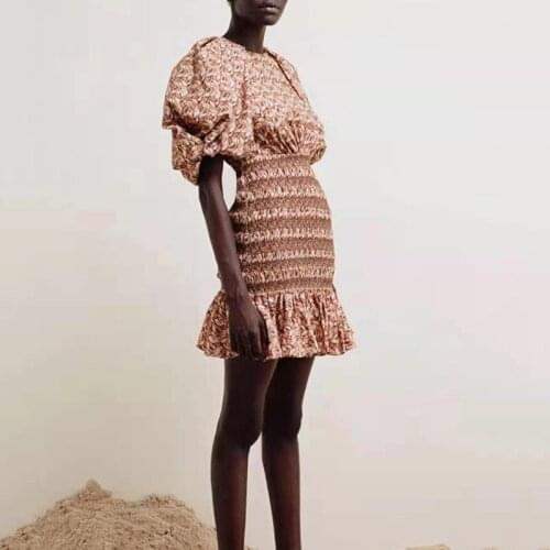 2021 Summer O-Neck Puffy Sleeve High Waist Retro Dress Fashion Hollow Hollow Printed Casual Tight Dress