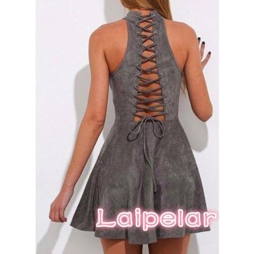 Women Suede Dress 2019 Summer Dress Off the Shoulder Lace up Backless Sexy Club Party Dress Halter Vestidos de fiesta Robe Femme