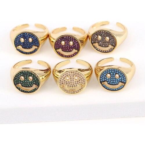 5PCS, Gold Plated CZ Micro Pave Smiley Happy face CZ Open Ring