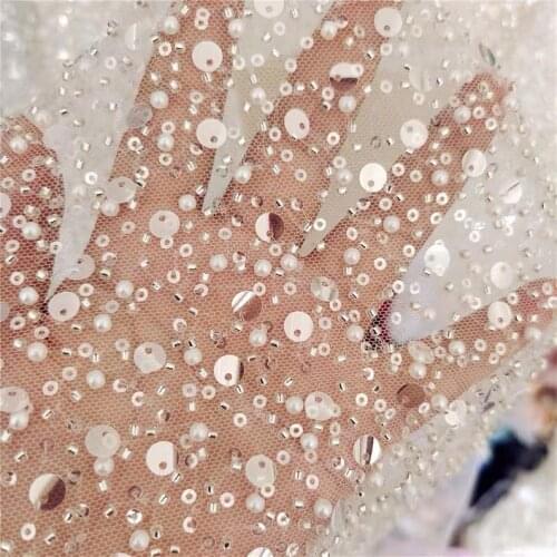 Beaded Lace Fabric Embroidery Lace Fabric by Yard with Sequins Birdal Gown Couture Fabric in Off White
