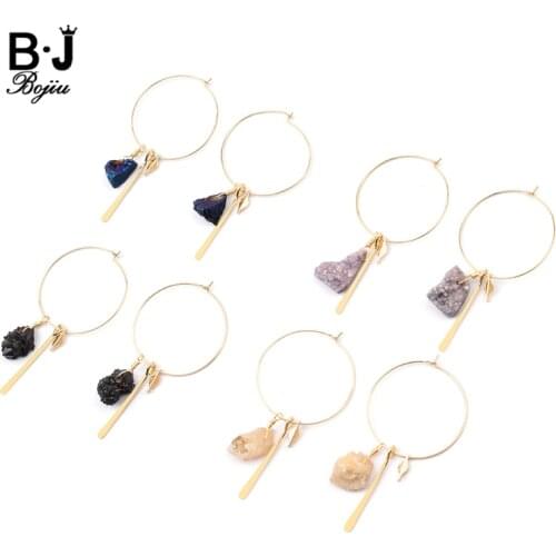 BOJIU Boho Gold Color Women Drop Dangle Earrings Natural Irregular Quartz Druzy Stone Metal Hoop Sheet Pendant Earrings EA080