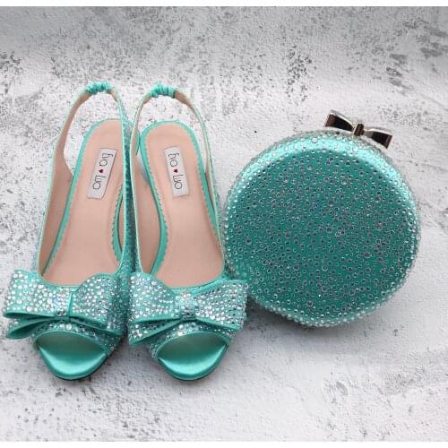 BS1272 Custom Made Dress Sandal Women Shoes Bridal Wedding Mint Green Crystal Shoes With Matching Bag Set