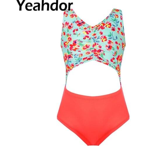 Kids Girls One-piece Swimsuit Swimwear V Neck Ruffled Front Open Back Briefs Jumpsuit Beach Bikini Swimwear Bathing Suits