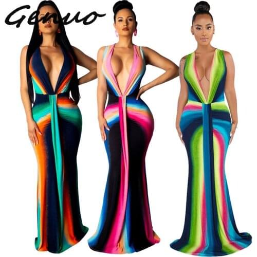 Elegant Sexy Bandage African Party Long Dress Women Rainbow V Neck Sleeveless Robe Mermaid Evening Ladies Bodycon Maxi Dresses