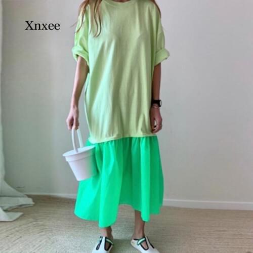 Fluorescent Patchwork Long Dress Straight Half Sleeve Streetwear Dresses Female Summer Loose Vestidos Girls Women Green Young