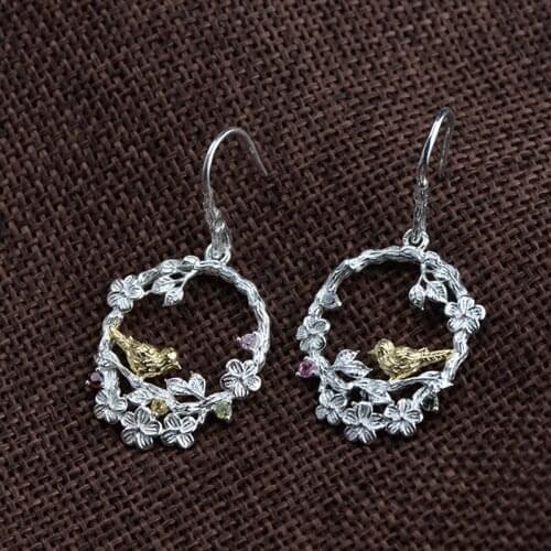 FNJ Flower Bird Earrings 925 Silver Original S925 Sterling Silver Drop Earring for Women Jewelry Colorful Zircon