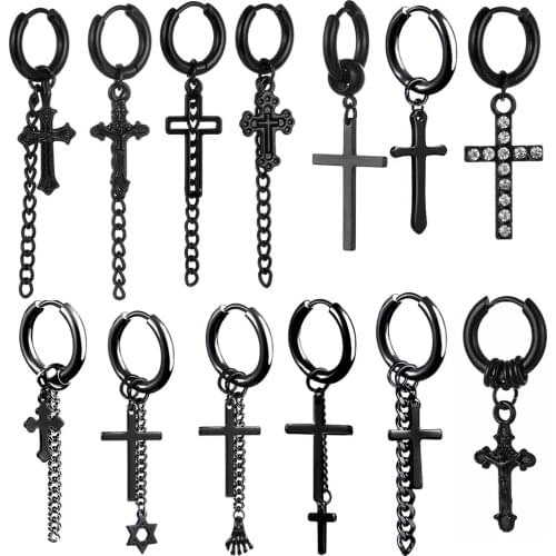 Dainty Minimalist Black Color Dangling Cross Shaped Charm Huggie Pierced Hoop Earrings For Guy Men Women Jewelry