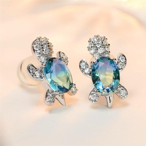 Dainty Female Rainbow Oval Crystal Earrings Classic Silver Color Wedding Earrings For Women Boho Sea Turtle Small Stud Earrings