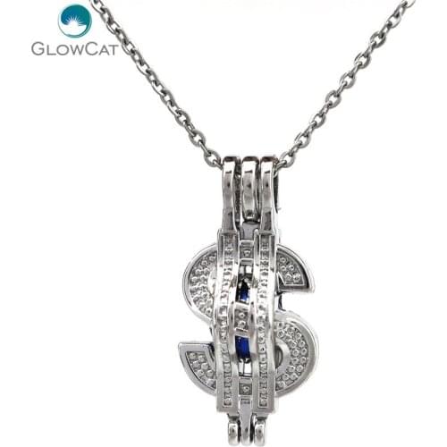K753 Silver Alloy Dollar $ Symbol Beads Cage Stainless Necklace 18"Aroma Essential Oil Diffuser Locket