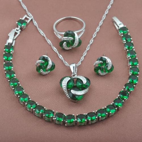 Classic Green Zirconia Crystal Jewelry Sets Silver Plated For Women Wedding Bracelet Necklace Pendant Earrings Ring YZ0173