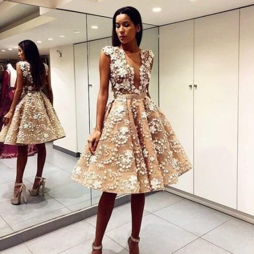 2020 Champagne Short Homecoming Dresses Appliques Sheer Deep V-Neck A-line Low Back Capped Sleeves Homecoming Gala Skirts