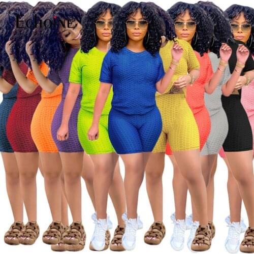 Echoine Summer Women Solid Tracksuits Two Piece set Fashion Skinny Biker Shorts and O-neck Short Sleeve Tees Sportwear Outfits