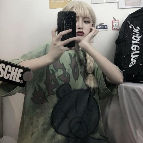 Summer Harajuku Street Hip-Hop Cartoon Print Bear T-Shirt Women Korean WomenS Tide Ins Loose Short-Sleeved Oversized T-Shirt