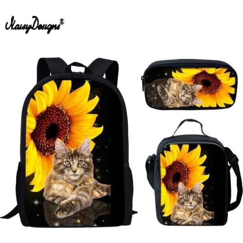 NOISYDESIGNS Fashion Sunflower Maine Coon Printed for Teenagers Boys Girls SchoolBag Primary School Backpacks Set custom Mochila