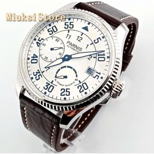 Parnis 45mm mens top mechanical watches silver case white dial date power reserve Sea gull automatic movement Wrist Watch