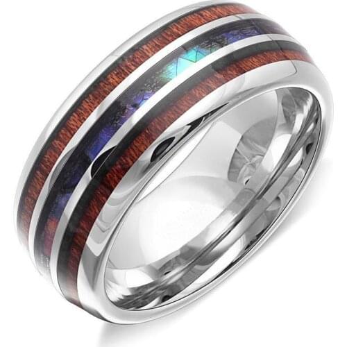 Fashion 8mm Mens Silver Tungsten Carbide Ring Hawaiian Koa Wood And Abalone Shell Opal Inlay Mens Ring Wedding Band Jewelry