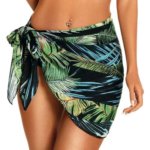 Boho Pareo Swimwear Cover Ups Women Leaf Print Skirt Lace-up Beach Dress Chiffon Skirt Swimming Bikini Beach Cover Ups Swimsuit
