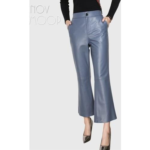 Novmoop office lady fashion style sheepskin genuine leather flare pants women winter trousers pantalones de mujer LT2983