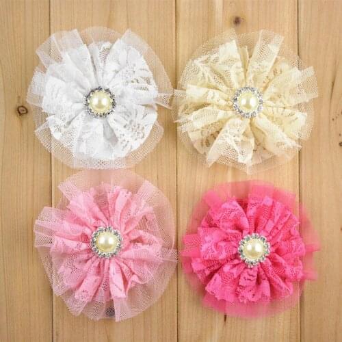 Wholesale 100 pcs/lot , Double Layered Lace Flowers with pearl accent - 3.5 inches- PICK COLORS