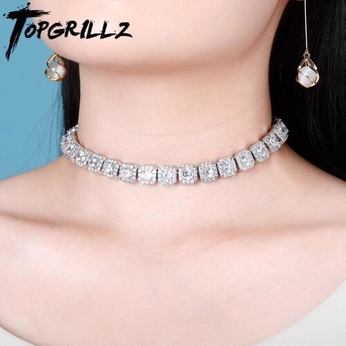 TOPGRILLZ 10MM Chokers Necklace Prong Set Big Size Solitaire Tennis Chain Necklace Hip Hop Fashion Jewelry Gift For Women 14"15"