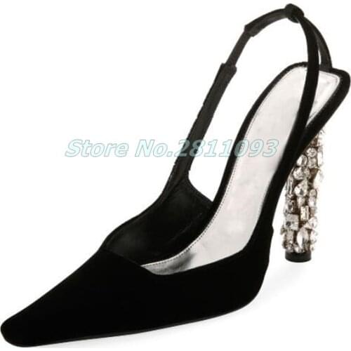 Sexy Pointed toe Crystal Pumps Embellished Woman Sandals in Solid Color Black Summer Shoes Elastic Band Shoe