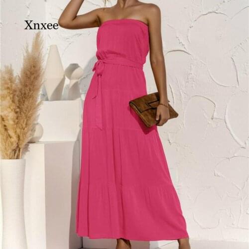 Off Shoulder Maxi Dress Summer Solid Beach Sexy Backless Tie-Up Boho Bodycon Elegant Sleeveless Pleated Long Party Dresses