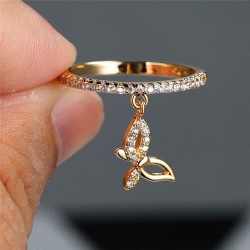 Luxury Female Crystal Butterfly Pendant Ring Trendy Gold Silver Color Engagement Ring Charm White Zircon Wedding Rings For Women