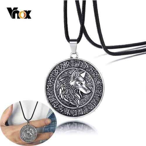 Vnox Vintage Wolf Pendant Necklaces for Men Viking Rock Punk Jewelry with Black Leather Rope Chain Accessories
