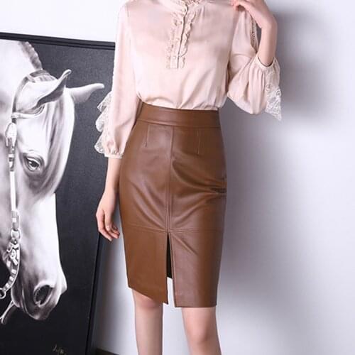 Womens Clothing Winter Harajuku Female Genuine Leather Simple Split Knee Length Skirt Femme Brown/Dark Green Pencil Slit Gonne