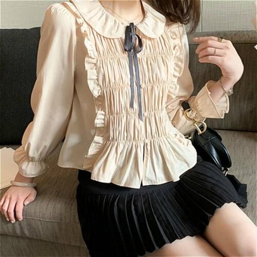 Female Blouses Top Chiffon New Loose V-Neck Button Butterfly Sleeve Ruffles Sweet Prairie Elegance Printing Street Woman Shirts