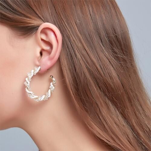 Exaggerated Crystal Pearls Twisted Wrap Big Circle Earrings Women Gold Color Oversize C Shaped Hoop Earrings Ear Rings Jewelry