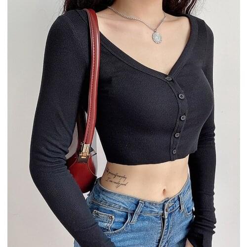 Crop Top T Shirt Sexy Long Sleeve Crop Top White Black Top for Women Summer 2021 Button Crop Top Manga Larga Cropped Ladies Top
