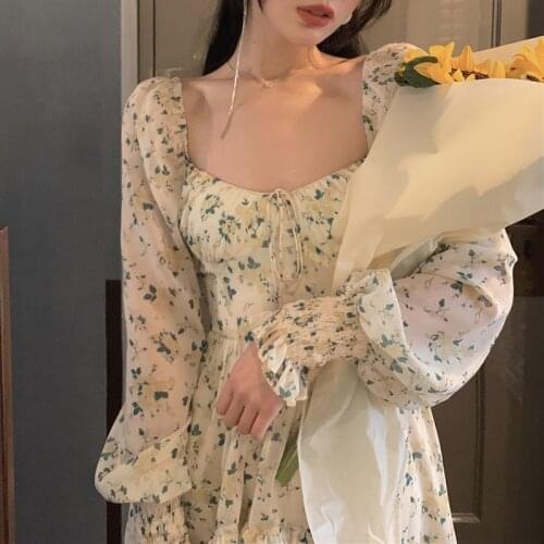 2021 Summer Sweet Floral Dress Women Elegant Mini Dress Bandage Beach One Piece Dress Korean Vintage Office Lady Long Sleeve