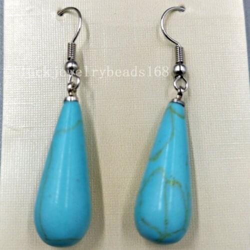 Free Shipping Women Fashion Jewelry 10x29mm Howlite Water Drop Women Bead Dangle Earrings Pair C5113