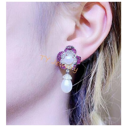 Noble jewelry pair Natural AAA 10-12mm white pearl micro inlay flower crystal zircon earring 925 Sterling Silver accessory