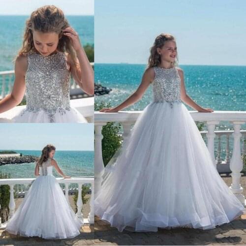Sparkly Princess Girls Pageant Dress Ball Gowns Beaded Crystal Tulle Floor Length Beach Flower Girl Dresses For Weddings Custom