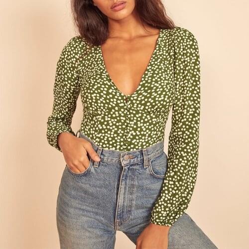 Blouses Women Casual Polka Dot Blouse Top Long Sleeve Button Up Shirt 2021 Fashion Women Clothing Sexy Deep V Neck Tops Shirts