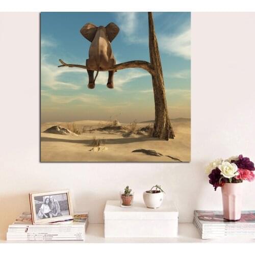 Canvas Painting Cute Little Elephant on Tree Modern Wall Art Animal Pictures Nordic Posters and Prints for Kids Room Home Decor